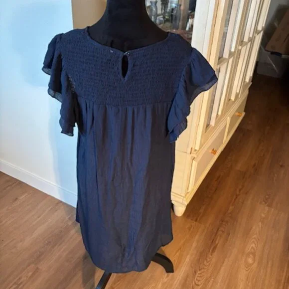 Indigo Rose Navy Smocked Yoke Flutter Sleeve Boho Cottagecore Dress EUC M - Picture 3 of 6